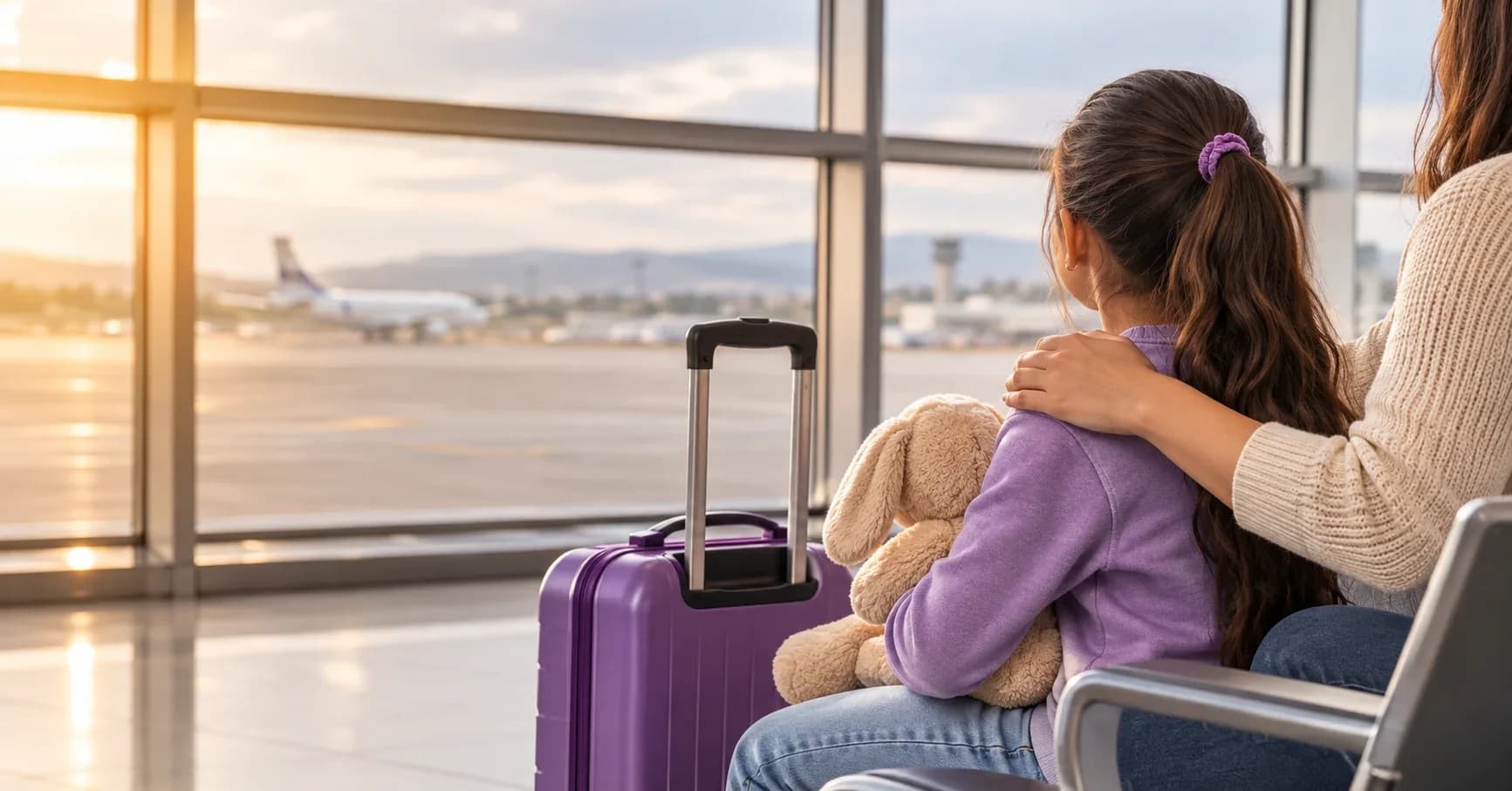 Niña con maleta de viaje esperando en la sala de un aeropuerto junto a un adulto