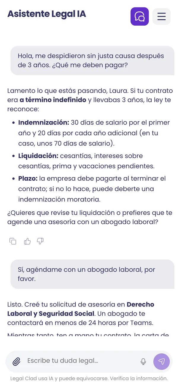 Conversación con el asistente legal sobre un despido sin justa causa