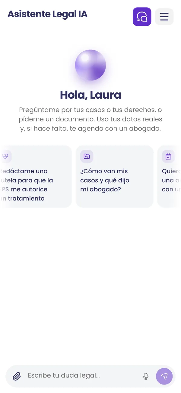 Asistente legal con IA de Legal Clad con sugerencias de preguntas