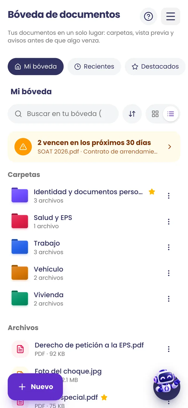 Bóveda de documentos con carpetas y avisos de vencimiento