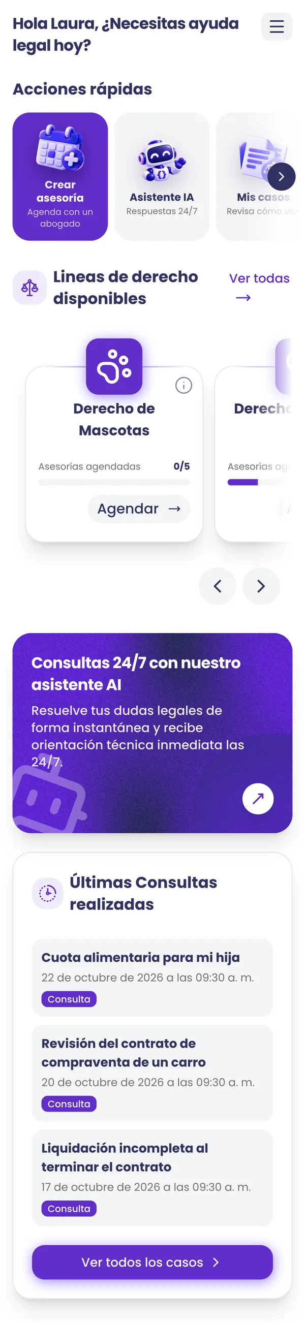 Inicio de Legal Clad en el celular con las acciones rápidas y las líneas de derecho