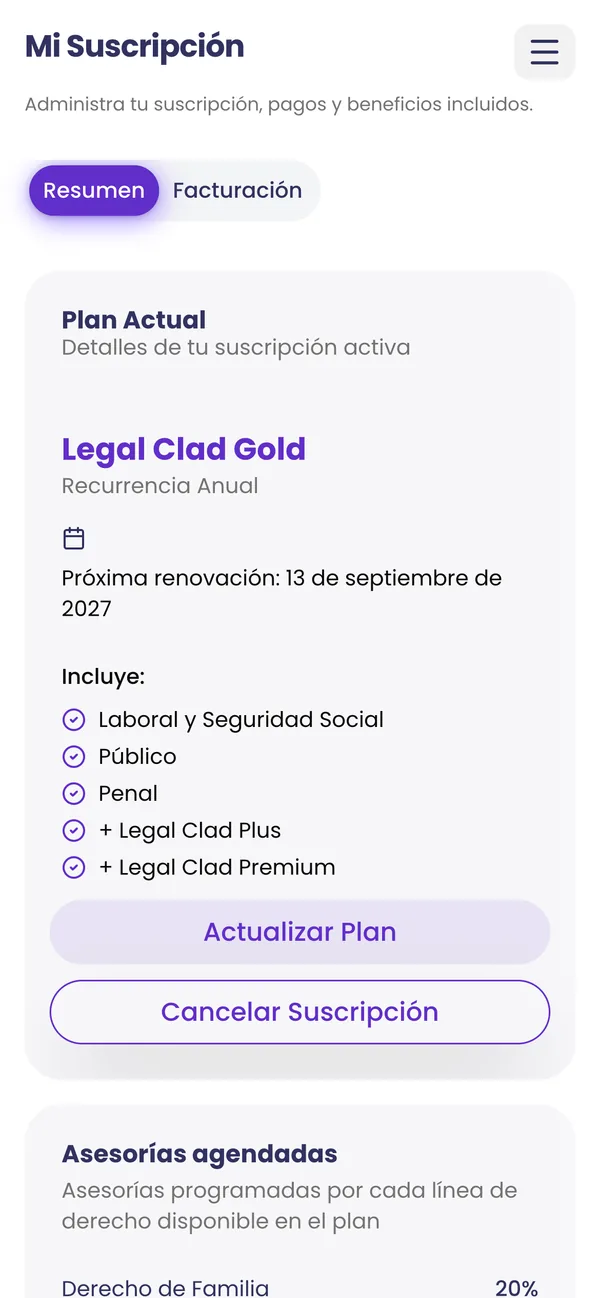 Resumen de la suscripción del afiliado