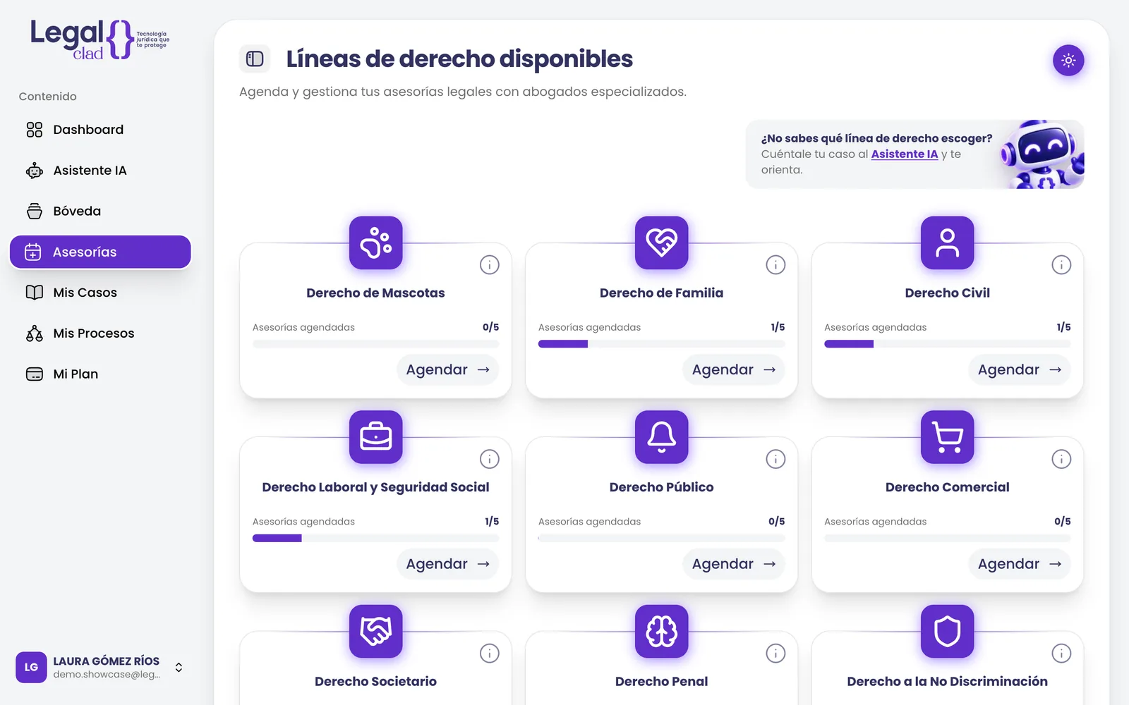 Líneas de derecho disponibles en Legal Clad para agendar una asesoría