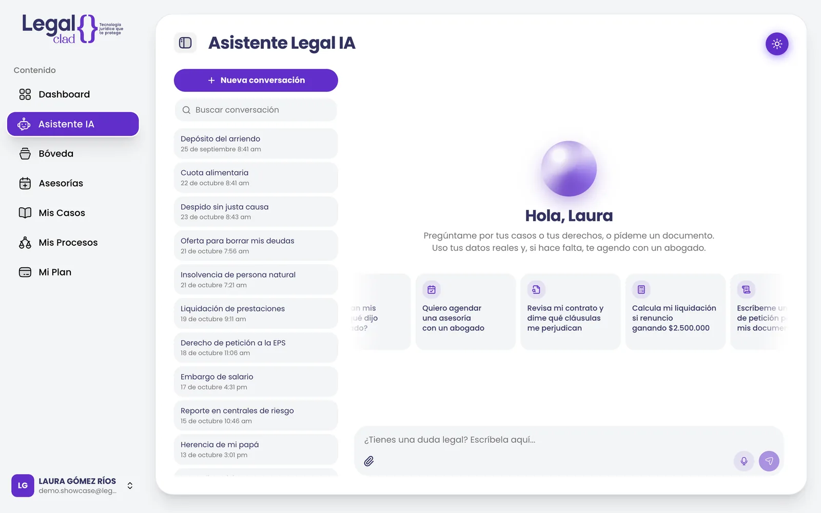 Asistente legal con IA de Legal Clad con preguntas sugeridas para redactar, revisar un contrato o agendar con un abogado