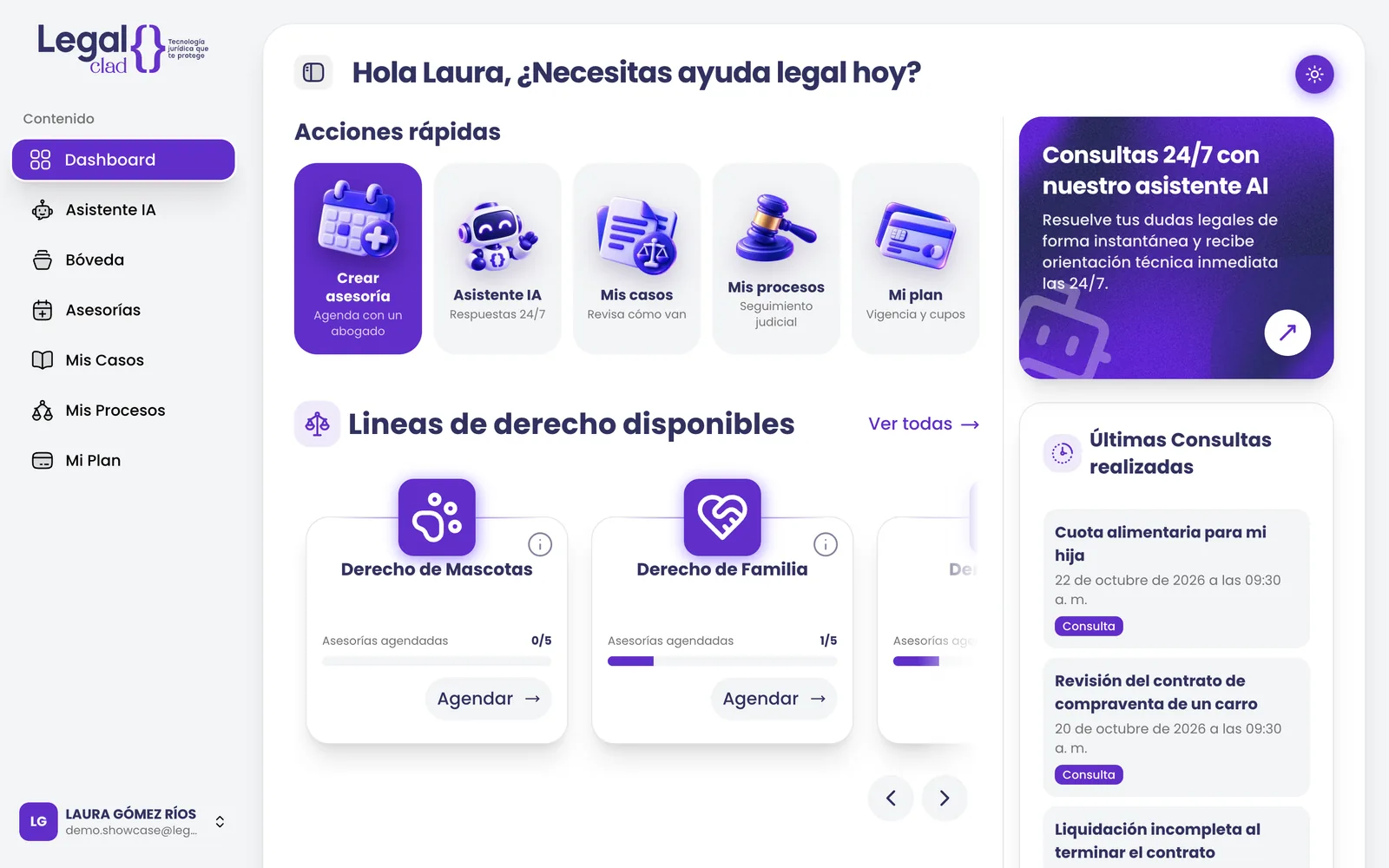 Inicio de la plataforma Legal Clad con acciones rápidas, líneas de derecho y últimas consultas
